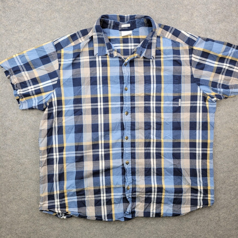 Columbia Shirt Mens 2XL Blue Plaid Cotton Stretch Button Front Short Sleeve